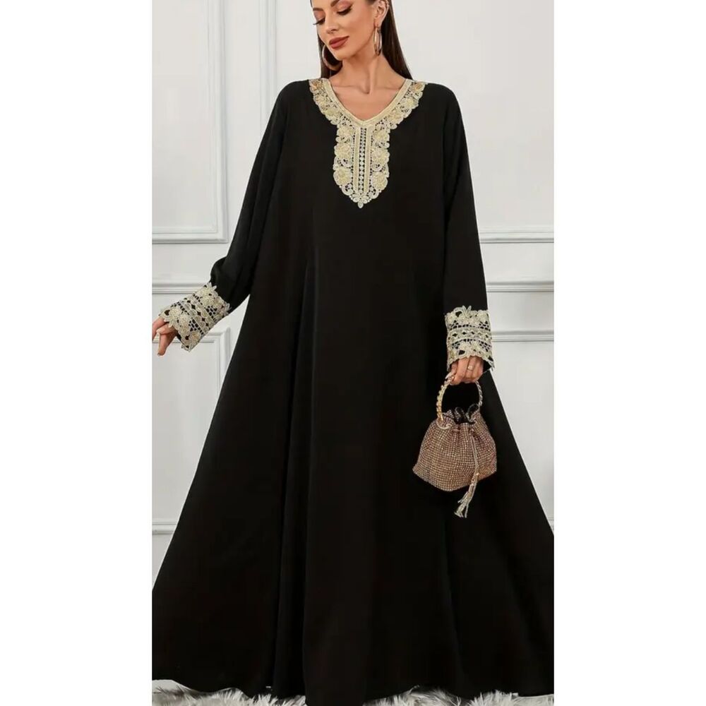 AI Thakeba Black V-Neck Kaftan Long Sleeve Loose Dress Gold Embroidery Womens